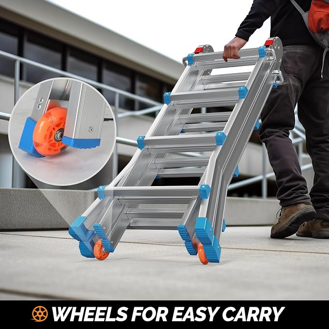 LUISLADDERS Ladder, A Frame Step Ladder Telescoping Ladder, Muti Position Folding Ladder Flared Leg & Wheels Design, 330 lbs Capacity Extension Ladder for Household Outdoor Work (17 FT)