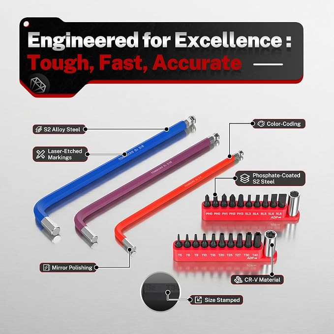 TOMMARS 18-PC Magnetic Ball End Allen Wrench Set, Extra Long & Color Coded | Extra Long Arm, Color Coded, S2 Steel, SAE(1/16"-3/8"), Metric(1.5mm-10mm), Including Bits & Adapter