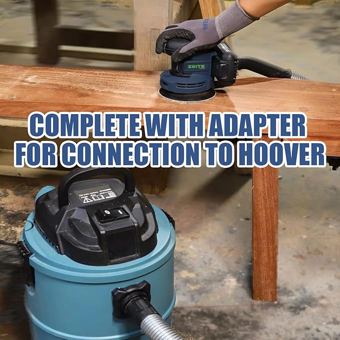 ZEITE 5 Inch 20V 2.0Ah Orbital Sander Cordless, 6 Variable Speed 3,000-11,000 OPM Electric Sander for Woodworking, 12 x Sandpaper,1 x Polishing Pad, Efficient Dust Extractor for DIY Sanding Polishing