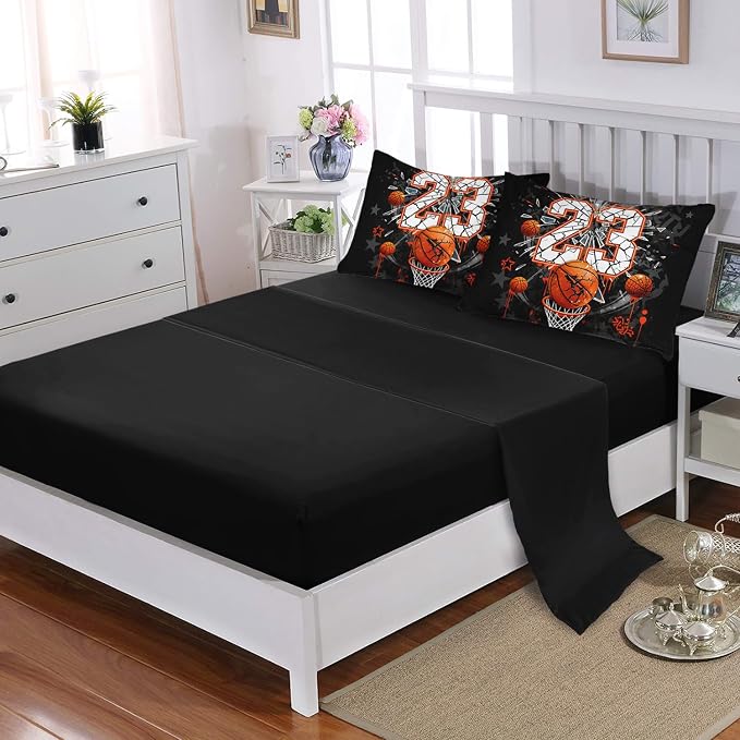 Basketball Print Comforter Set for Kids Boys,Ball Sports Games Themed All Season Bedding Queen Size,Orange Basketball and Hoop Home Decor with Comforter,Fitted Sheet,Flat Sheet,Pillowcases.