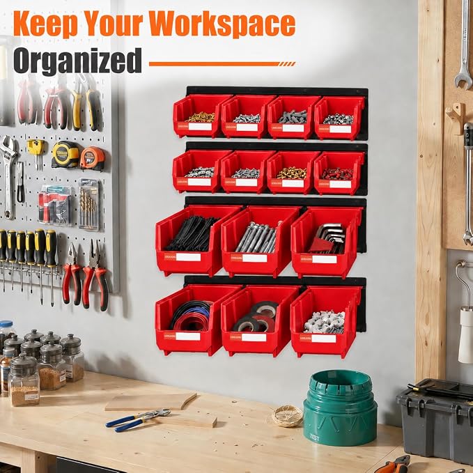 14pc Wall-Mounted Storage Organizer Mixed V1 V2 Combo Red | Heavy duty metal rails multi-size bins combo pack for garage tools, screws, hardware & batteries.
