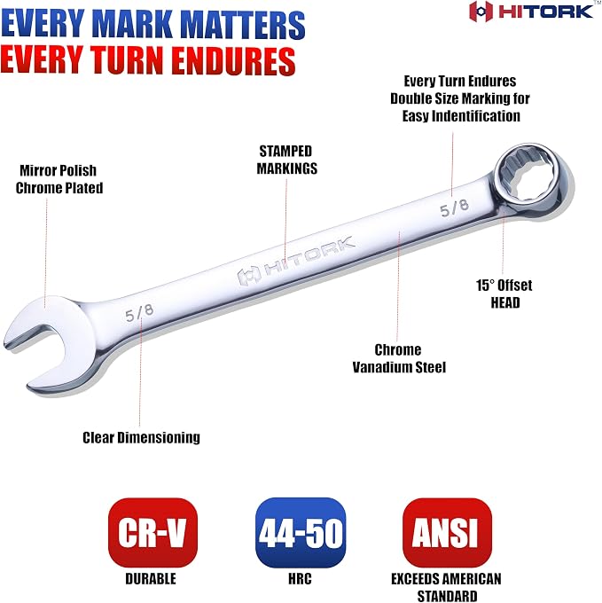 HITORK 32 Piece Combination Wrench Set, SAE and Metric, Standard and Stubby | 20 full length and 12 compact tools with 15° Offset Box ends and organizer tray improve access, control and tight space work