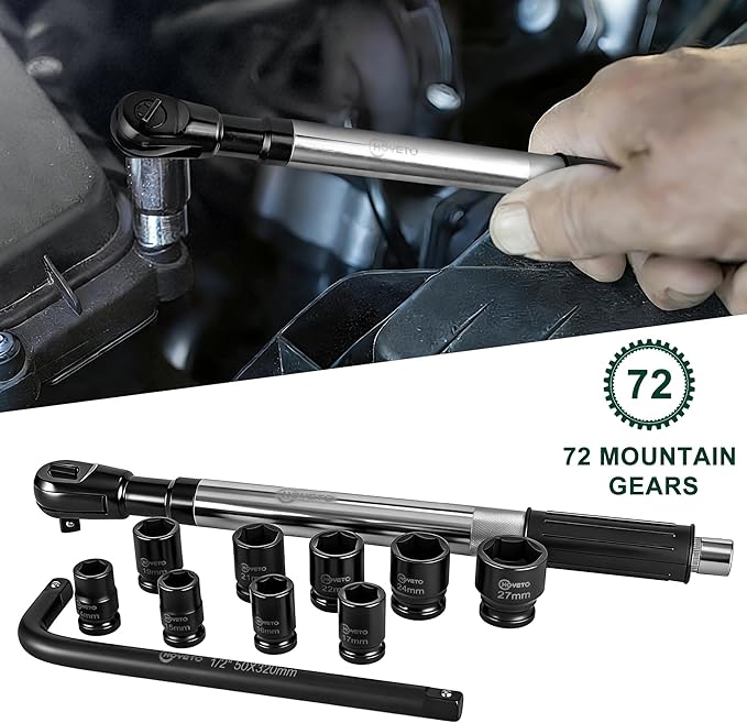 430mm offset Extension Ratchet Wrench Socket Set, Impact Ready | Reach tight spaces easily. Use manually for precision or attach an impact wrench for extra speed. Heavy-duty case included.