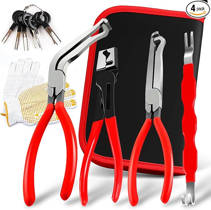 Automotive Electrical Disconnect Pliers Set with Storage Box, 4-Piece Connector Separator & Terminal Removal Tool for Mass Air Flow Sensors, Fuel Injectors, Straight & 60° Jaw