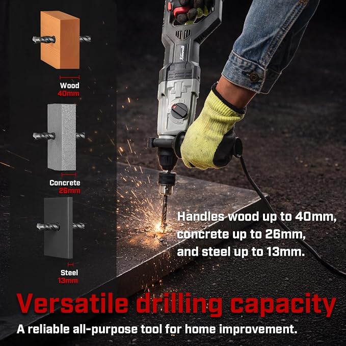 XtremepowerUS 800W SDS-Plus Electric Rotary Hammer Drill Demolition Chiseling & Drilling Bits Set 4 Functions Corded Variable Speed for Concrete, Includes 3 Drill Bits, 2 Chisels, Case