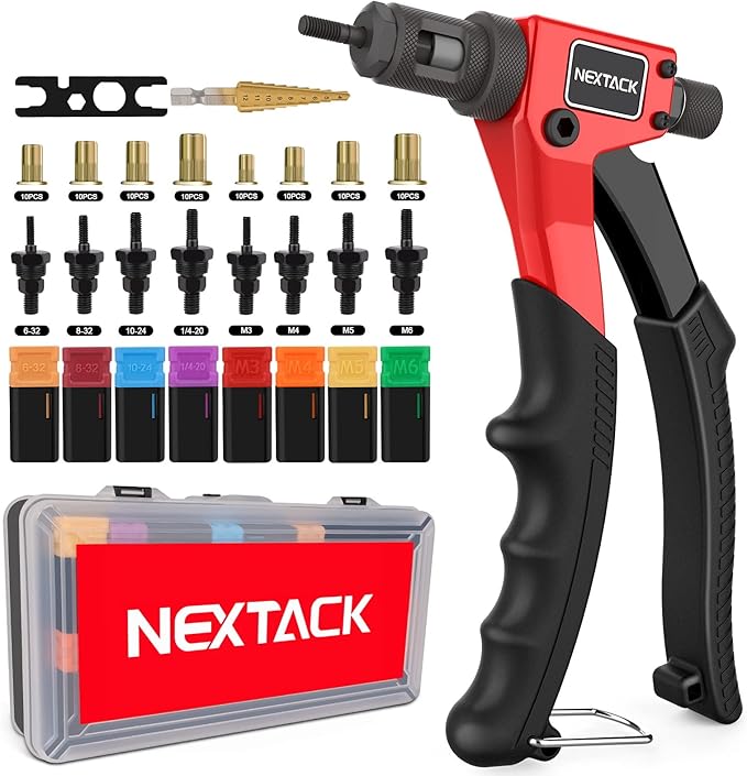 NEXTACK Rivet Nut Tool Kit with Step Drill Bit & 80 Nutserts for Tight Space, 8 Inch Rivnut Tool Set Riveter with 8 Mandrels 6-32 8-32 10-24 1/4-20 M3 M4 M5 M6 in Organized Rugged Carrying Case NT600