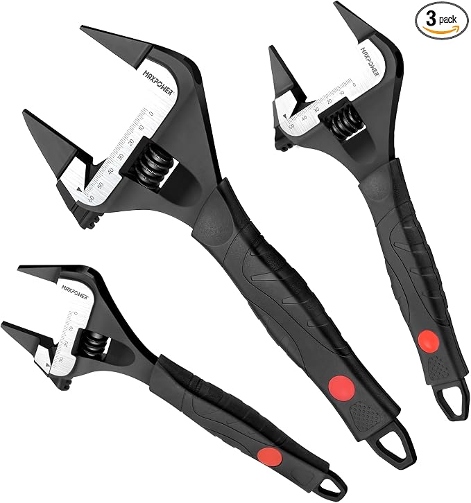 MAXPOWER Slim Jaw Adjustable Wrench Set, 8" 10" 12" Wide Jaw Opening Adjustable Wrench, Dual Scale with Metric and SAE, Deep Jaw with Soft Grip Handle, Jaw Capacity 36mm 50mm 60mm