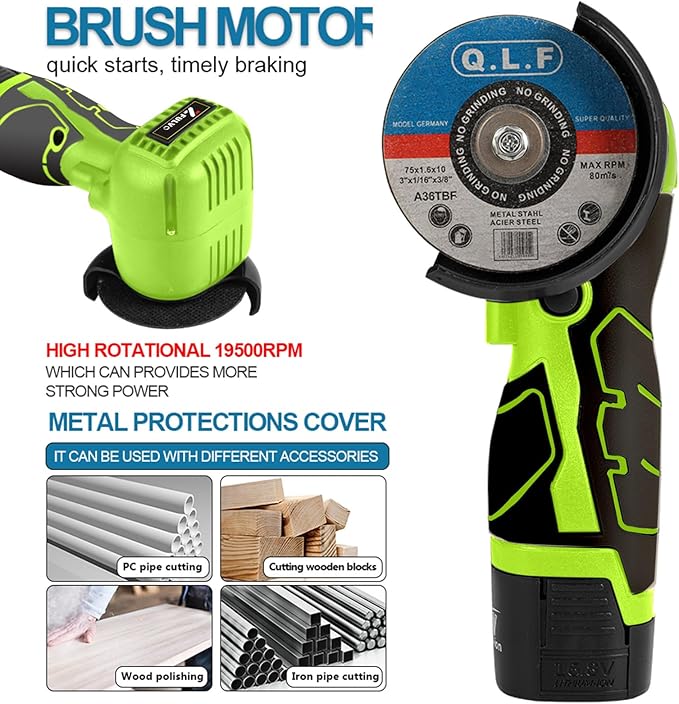 ZFULVO Cordless Brush Angle Grinder Kit, 19500rpm Mini Electric Angle Grinding Tool with 2pcs 16.8V 2000mAh Batteries and 6-Cutting Discs, Grinder Handheld Cutter for Metal Wood
