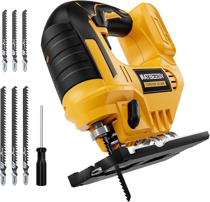 Jig Saw Compatible With Dewalt 20V Battery, NATBEESY Brushless Cordless jig saw tool, LED Work Light, 45° Beveled Cuts, Variable Speed 2900RPM, 3 Orbital Action, 6 Blades for Wood Cutting, Tool Only