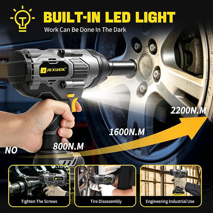 2200Nm Cordless Impact Wrench, 1/2" Electric Impact Gun with 2 x 6.0Ah Batteries, 21V Brushless High Torque Impact Wrench with 5 Pneumatic Sockets, Impact Driver for Truck Tire Lug Nut Removal