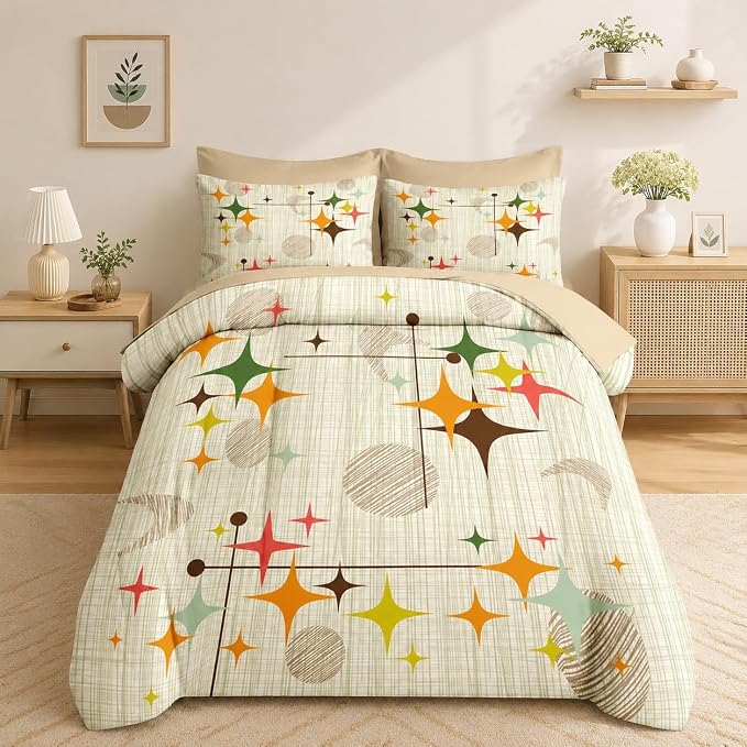 Nesker Comforter Set Queen Size, Retro Stars Brown 7 Pcs Bedding for Kids and Adults, Mid Century Vintage Bed Sheet Sets with Fitted Sheet 2 Pillowcases & 2 Shams