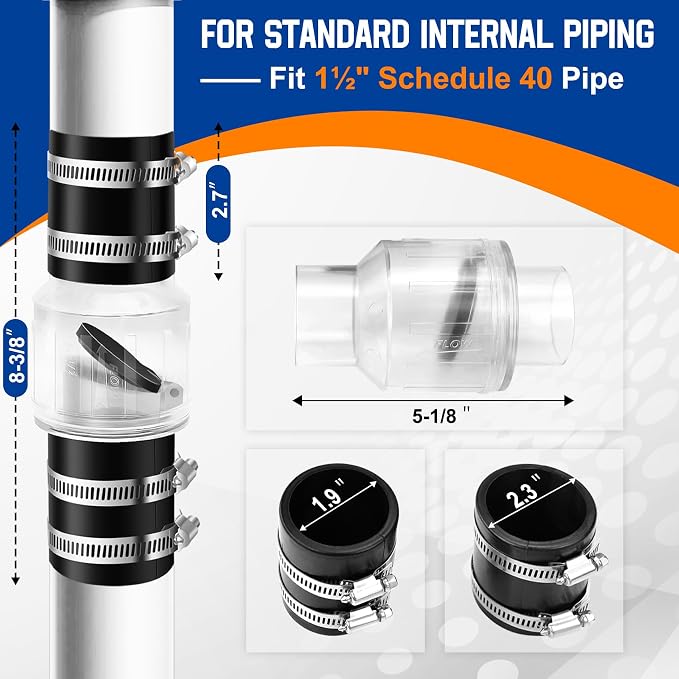 1 1/2 Inch Sump Pump Check Valve-Silent Check Valve with Spring-Loaded Flapper, Check Valve for Backflow Prevention, Includes Steel Clamps Fit 1-1/2″ Pipe