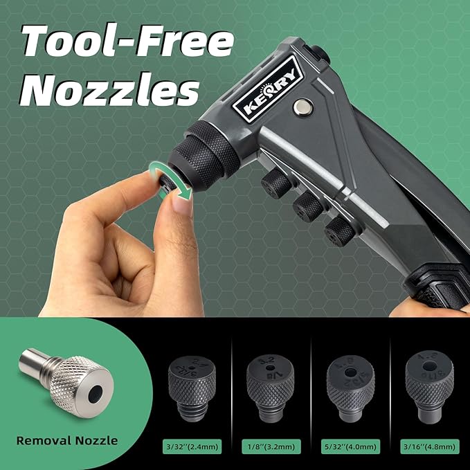 Kerry One-Handed Pop Rivet Gun Set - 9.6" Extended Ergonomic Handle, 4 Tool-Free Interchangeable Heads, 200 Aluminum Rivets (3/32" 1/8" 5/32" 3/16"), Professional Manual Riveting Tool for Metal Work