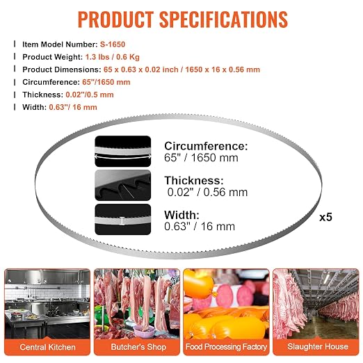 VEVOR Band Saw Blade, 65x0.6x0.02 inch, 5 PCS/Pack Meat Bandsaw Blades for Replacement, 65Mn Carbon Steel Blade, 3 TPI Meat Cutting Blade Wrapped by Rust-Proof Paper, for Commercial Bone Saw Machines