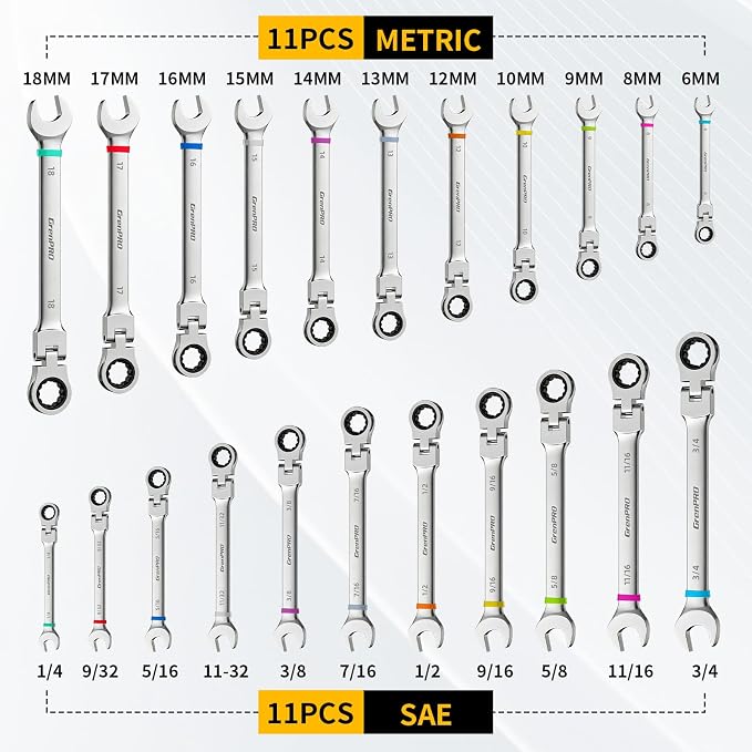 GRENPRO 23PC Flex Head Ratcheting Wrench Set Metric&SAE Combination OpenEnd | 1/4"-3/4"&6-18MM Bolt Gauge, CR-V Steel 72-Tooth 180-Degree Flex-Head 12Pt, Color Rings, Storage Box For Auto & Home Repair