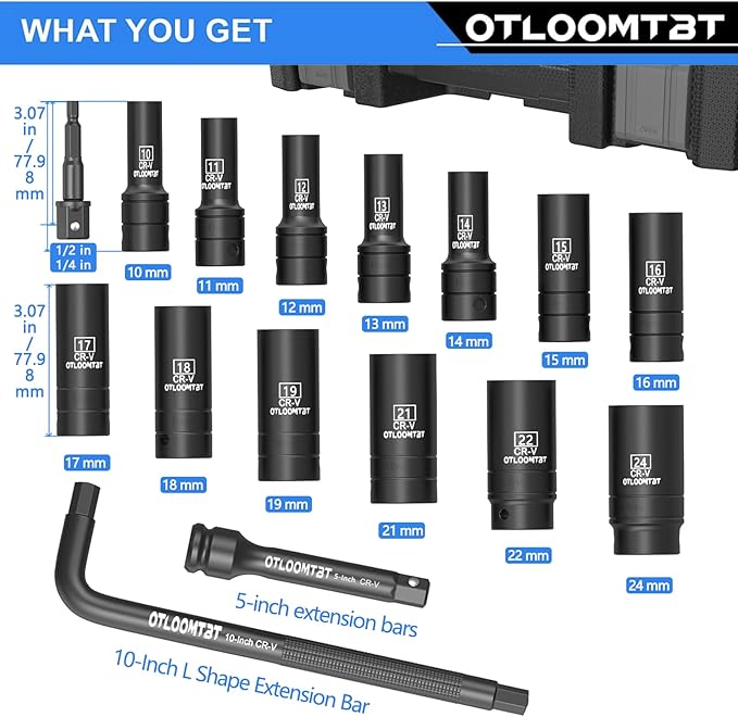 OTLOOMTBT 16PCS 1/2 In Drive Thicker Impact Socket Set, High Durability Industrial Grade Deep Metric Sizes Sockets Sets, with L Handle 5 In Extension Bars & Drill Socket Adapter with Premium Organizer