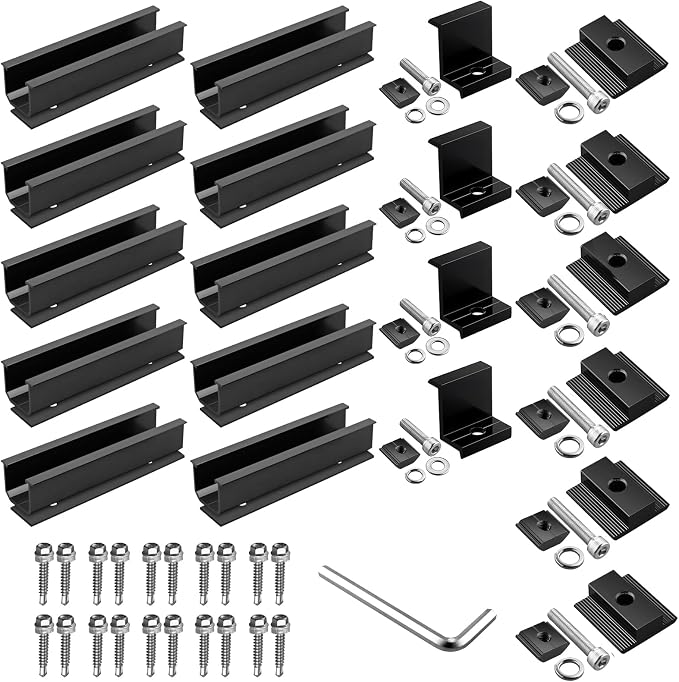 Anbte Solar Panel Mounting Brackets for Roof, Aluminum Solar Rails, Black | Solar Panel Mounting Kit For 4 Panels, Included 10 X 4.72 In Rails+4 X 1.57" End/Mid Clamps +1 Wrench, For Roof, RV, Boat