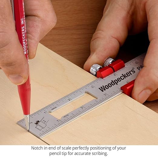 Woodpeckers Paolini Pocket Rule, Stainless Steel, 200mm, Metric Woodworking Ruler, Sliding Stop, Vertical End Scale, Scribing Notch, Engraved Scale