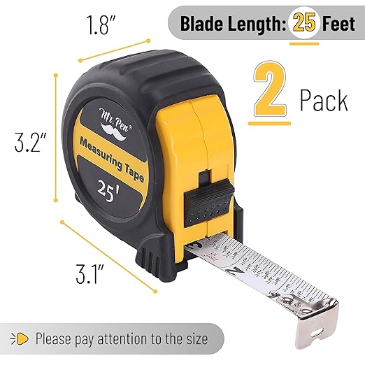 Mr. Pen- Retractable Tape Measure 25 ft, 2 Pack, Yellow, Easy Read, Steel Retractable Measuring Tape with Fractions, Ideal for Construction & DIY Projects