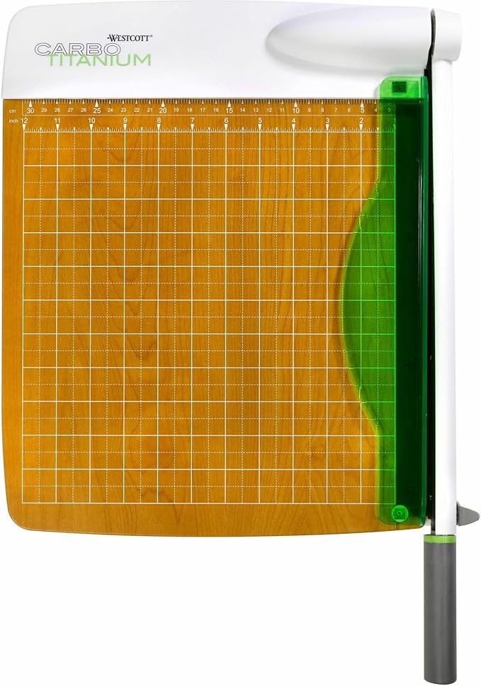 Westcott 16717 12-Inch CarboTitanium Wood Base Guillotine Paper Cutter, Multi-Paper Trimmer with 30 Sheet Capacity