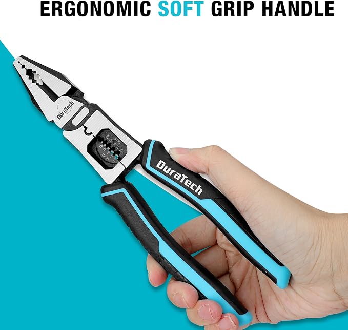 DURATECH 3PCS Pliers Set, Large 6 in 1 Multifunctional Wire Stripper Crimper Cutter, 8.5" Long Nose Pliers, 8.5" Linesman Pliers, 8" Diagonal Side Cutting