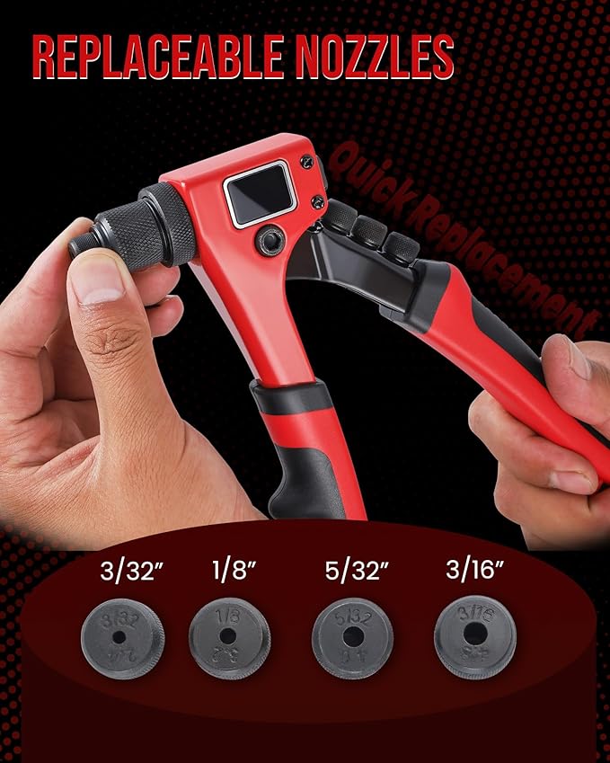 Anfrere Rivet Gun Kit, Manual Riveting Tool with 100 Rivets and 4 Interchangeable Heads, Professional 4-in-1 Pop-Up Hand Riveter, Storage Case