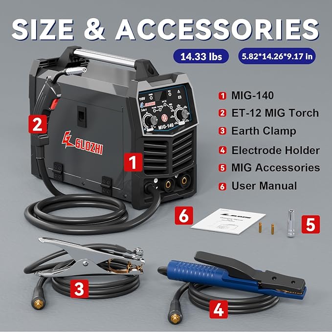 GZ GUOZHI 140A MIG Welder, 3 in 1 Welder FLUX MIG/ARC/Lift TIG Multi-Process Mig Welder, 110V Welding Machine, Welder Machine 110v Flux Core Welder with Welding Gun