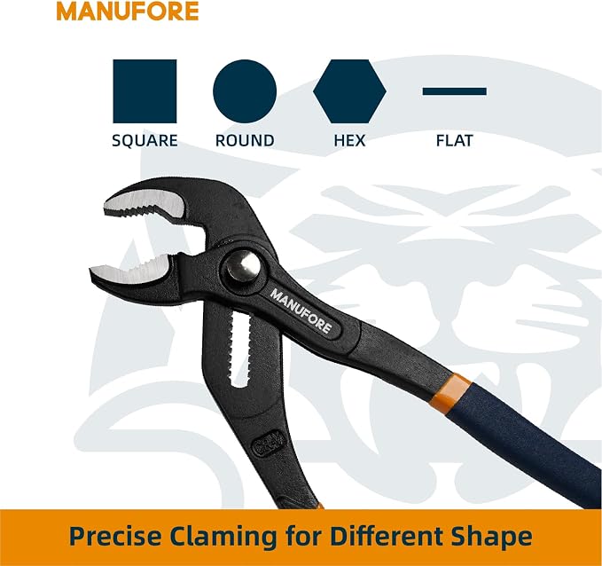 MANUFORE Water Pump Pliers, 7/10/12 Inch Tongue and Groove Pliers Set | Quick Release Design, Deep V-Jaws Teeth for Firm Grip, Comfort Grip and High Carbon Steel for Gripping Pipes, Rods, Shafts