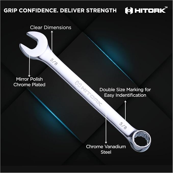 Hitork 24-Piece Combination Wrench Set, SAE (1/4"–1") & Metric (8–24mm), Cr-V Steel, Mirror Chrome Finish, 12-Point Box End, 15° Offset, with Roll Pouch – Ideal for Home, Garage & Auto Repair | Mirror chrome finish, raised box ends and organized roll u...