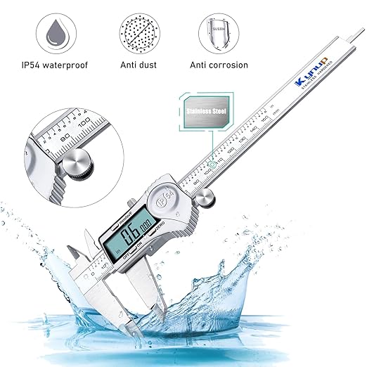 Kynup Digital Caliper, Caliper Measuring Tool Outside Micrometer, Vernier Dial Caliper, 6 Inch Caliper DIY Tool, Stainless Steel, IP54 Splash Proof, Inch Metric Fraction Switch, Large LCD Screen