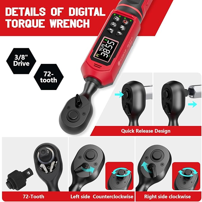SUERCUP 3/8-inch Digital Torque Wrench(0.66-44.29Ft.Lb/0.9-60N.m) ±1% Accuracy Digital Torque Wrench with Vibration, Buzzer,LED Notification and Five Units of Measure, for Bike, DIY and Home Repair