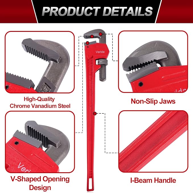 Verida Pipe Wrench 14 Inch, Plumbers Wrench, Chrome Vanadium Steel, Hardness 62HRC, for Water Pipes, Plumbing, Fire Protection Pipe Tools