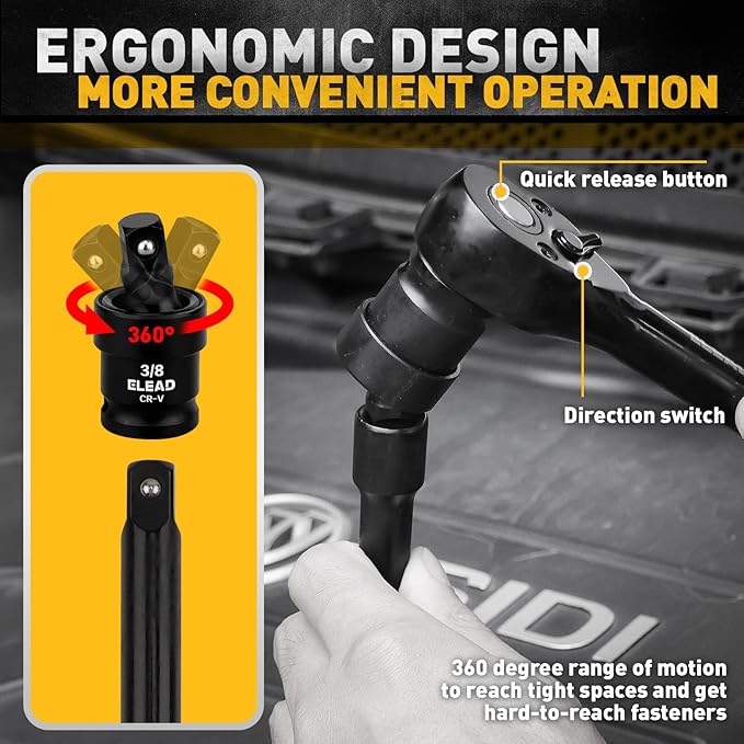 ELEAD 96-Piece 3/8" Drive Impact Socket Set, SAE(5/16 to 3/4-Inch) & Metric(8-22mm), Standard & Deep Sockets, Ratchet Handle, Bit Set, Universal Joint, Extension Bar, Adapters, Spark Plug Sockets