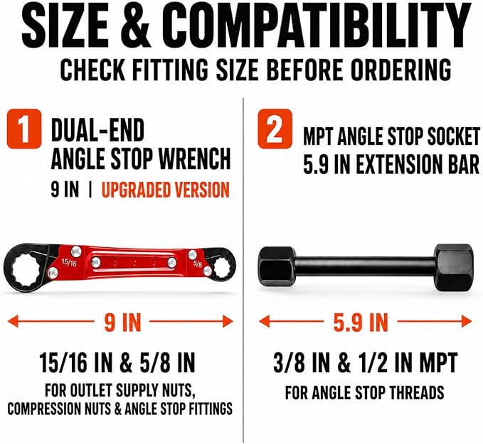 10 Pcs Angle Stop Wrench Kit Plumbing Tool for Under Sink Valve Repair Set | With Compression Sleeve Puller, Ferrule Removal Tool, 4-Way Utility Key, Dual-End MPT Socket and 5 180-Grit Polishing Discs