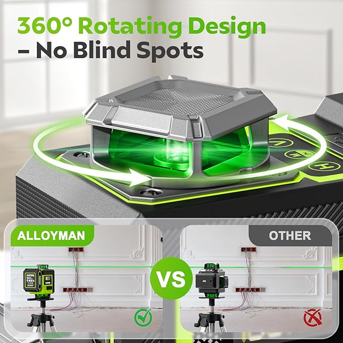 Alloyman Laser Level with Tripod, 4 × 360° Self Leveling Laser Level, Nivel Laser Green Line Lazer Leveler Tool for Picture Hanging, Home Renovation, Indoor Project, 2*Battery&Carrying Bag Included