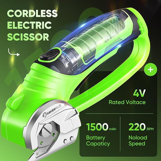 Sakerplus Cordless Electric Scissors, 4V Rechargeable Cardboard Cutter, Cordless Box Cutter, Powerful Cardboard Scissors with Blade, LED Light, Safety Lock for Cutting Fabric Leather