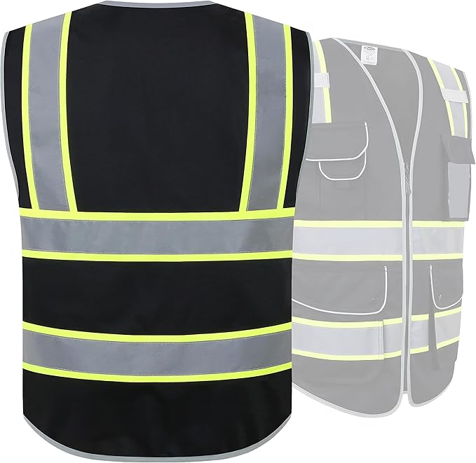 JKSafety 9 Pockets Hi-Vis Black Color Zipper Front Safety Vest Fluorescent Yellow Strips outlining the Reflective Tapes ANSI/ISEA Class 1 (901-Black, X-Large)