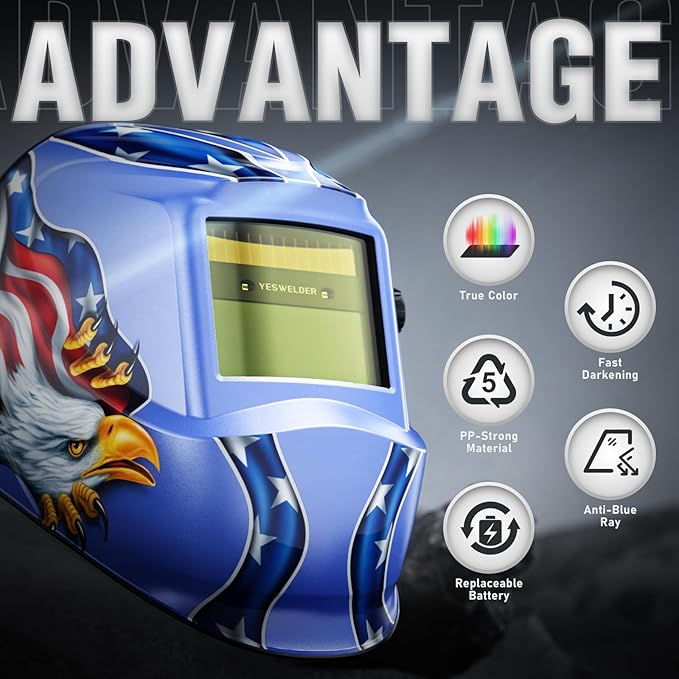 YESWELDER Auto Darkening Welding Helmet, Blue Light Blocking, 1/1/1/1 True Color Solar Powered Welding Hood with 2 Arc Sensors, Wide Shade 3.5/9-13 Welder Mask for TIG MIG ARC and Grind