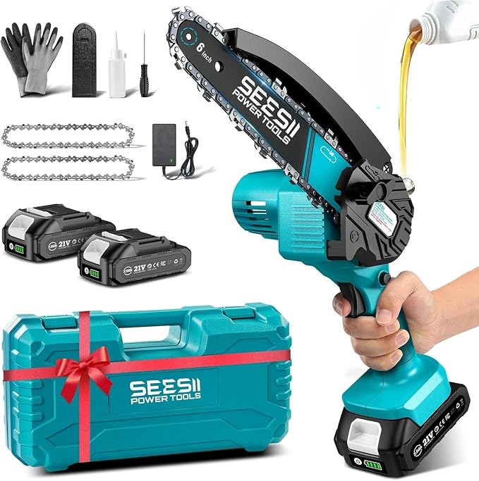 SEESII 6-Inch Mini Chainsaw Cordless with Oiler System | 2x2000mAh Batteries, Handheld Electric Chain Saw with Safety Lock, Battery Powered Chainsaw for Wood Tree Cutting, M6 Plus