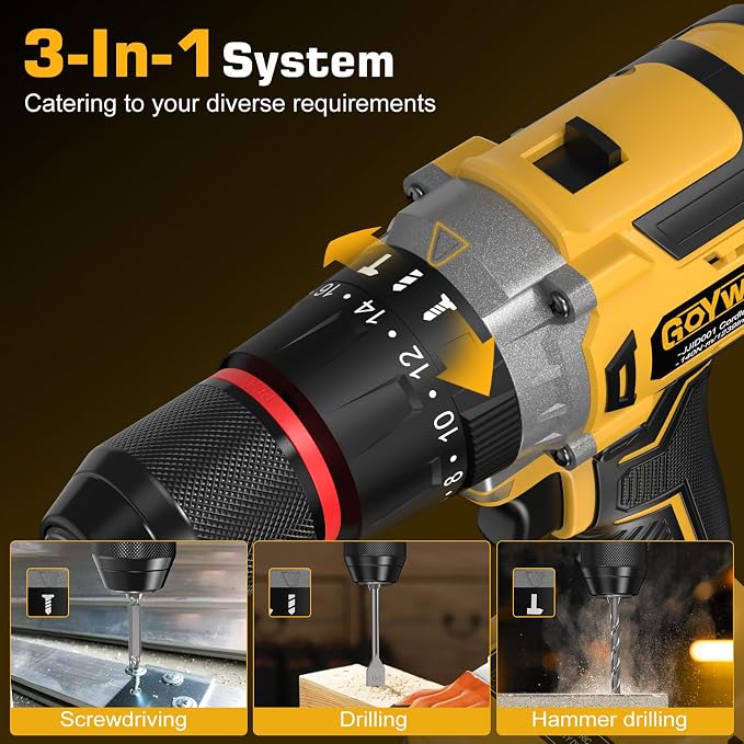 Cordless Hammer Drill 1239In·lbs - 21V Brushless Electric Power Impact Drill Set w/ 2 x 4.0Ah Battery & 1/2" Self-Locking Metal Chuck & 42PCs Accessory for Drilling Wood Bricks Metal Concrete