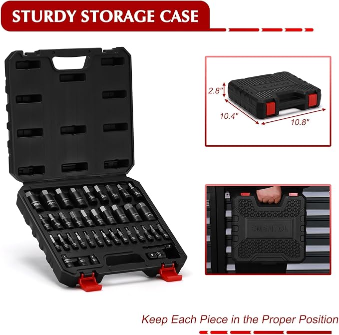 EMENTOL 38PCS 1/4" 3/8" 1/2" Drive Allen Hex Bit Socket Set, SAE/Metric, Includes Power Drill Adapter, Socket Adapters, 2mm - 19mm, 5/64" - 3/4"