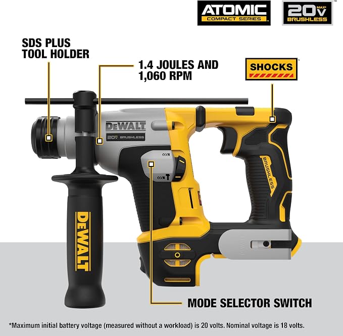 DEWALT DCH172B ATOMIC 20V MAX* 5/8 In. Brushless SDS PLUS Rotary Hammer (Tool Only) (Renewed)