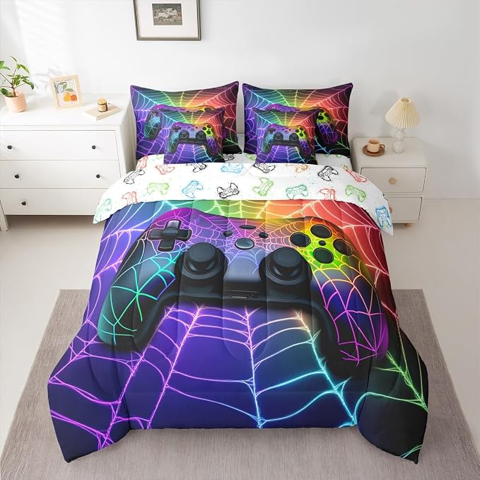 Erosebridal Game Consoles Bed in a Bag King Size Comforter Set 7 Pieces,Rainbow Spider Web Gamepad Bedding Set,Gamer Comforter and Sheet Set Gothic Cobweb Bed Set,Gaming Decor for Boys Bedroom Decor