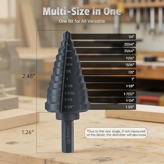 Lichamp Unibit Step Drill Bit for Metal, Genuine M2 Drill Stepper Bit for Hard Metal Heavy Duty, 11 Sizes from 1/4" to 1-3/8", Dual Straight Grooved with Hex Drive, A2BK