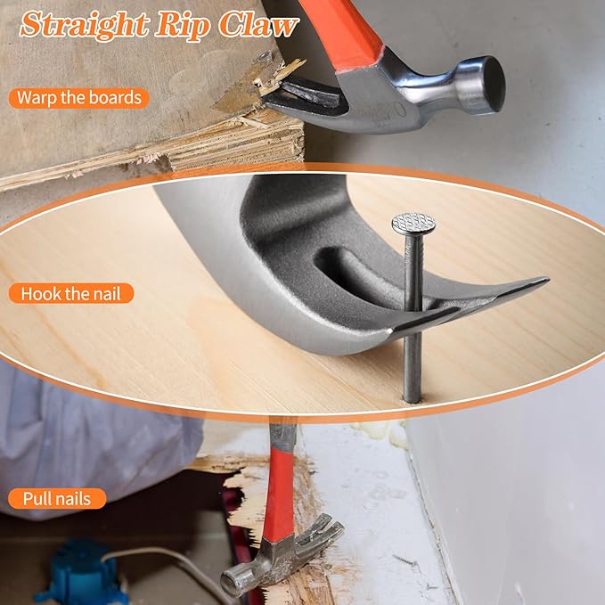 2pcs 16oz Claw Hammer, Straight Rip Claw Hammer, Fiberglass General Purpose Hammer with Smooth Face & Non-slip Grip