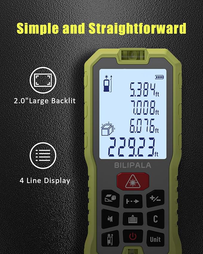 Laser Measure, 165ft Digital Laser Distance Meter with 2 Bubble Levels, 2" Backlit LCD, High Precision Laser Measuring Tool,Area Measurement,Volume and Pythagoras, Mute, Battery Included