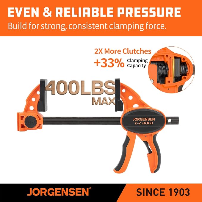 Jorgensen 6" One Hand Clamp/Spreader, 400 Lbs Clamping Force, E-Z Hold Bar Clamps Set, Medium Duty, 2-pack