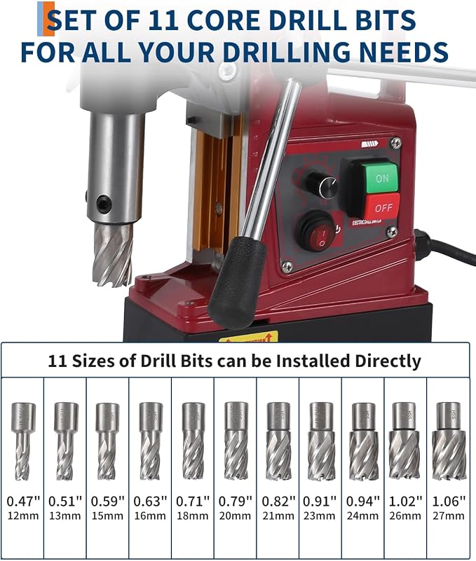 PrecisionAuto 1.57" Magnetic Drill Press – 1550W, 820RPM, 13000N Holding Force, Adjustable Speed & Adapter, Double Dovetail, 6 Coring Bits, Portable Mag Drill Machine for Steel & Metal (Chinese dubbed