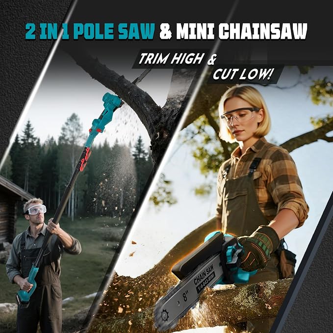 2-in-1 Cordless Pole Saw & 8'' Mini Chainsaw with Extension Pole for Tree Branches, Electric Handheld Chain Saw with 2×21V 4.0Ah Rechargeable Batteries,Auto Oiling,Max 16Ft Saw for Tree Trimming