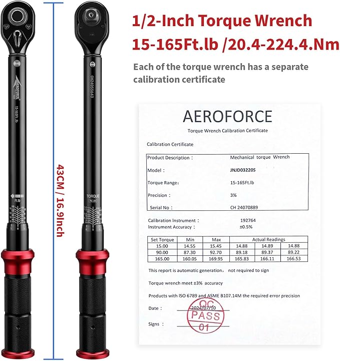AEROFORCE 1/2-Inch Drive Torque Wrench（15-165 lb.ft / 20.4-224.4 Nm),72 Tooth Dual Direction Reversible Ratchet, Dual Range Scales, Precision Calibrated for Bike, Motorcycle and Car Repair